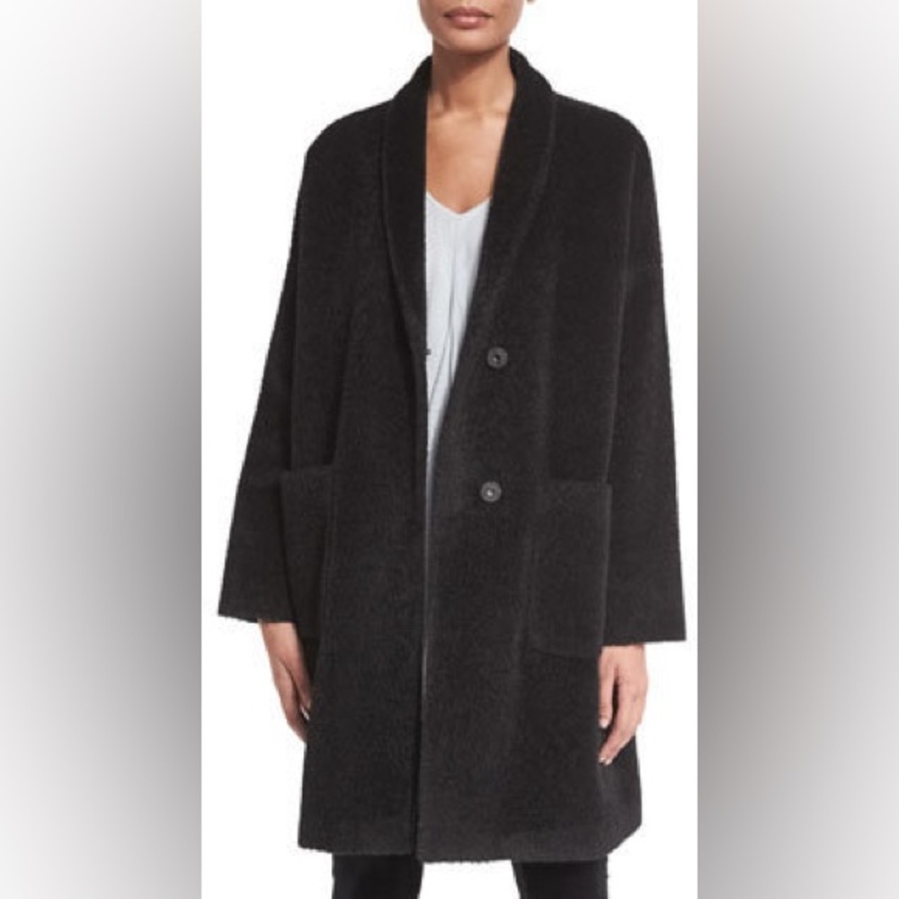 Eileen Fisher Alpaca Wool Coat Kimono Style Black Knee Length Oversized S-М
